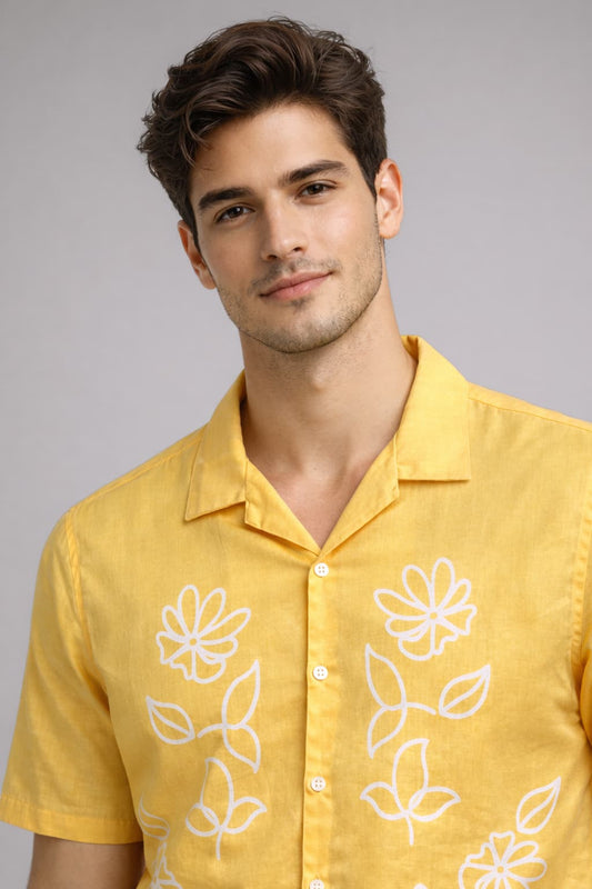 Yellow Floral Print Panel Shirt