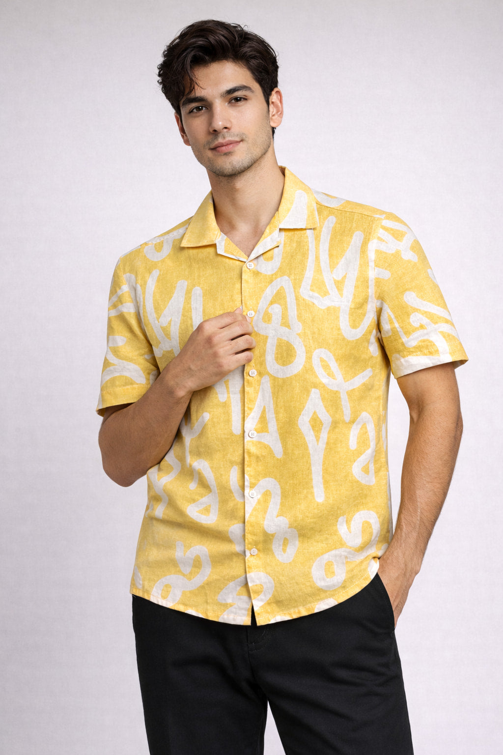 Front stylish View of Mustard Yellow Abstract Printed Shirt