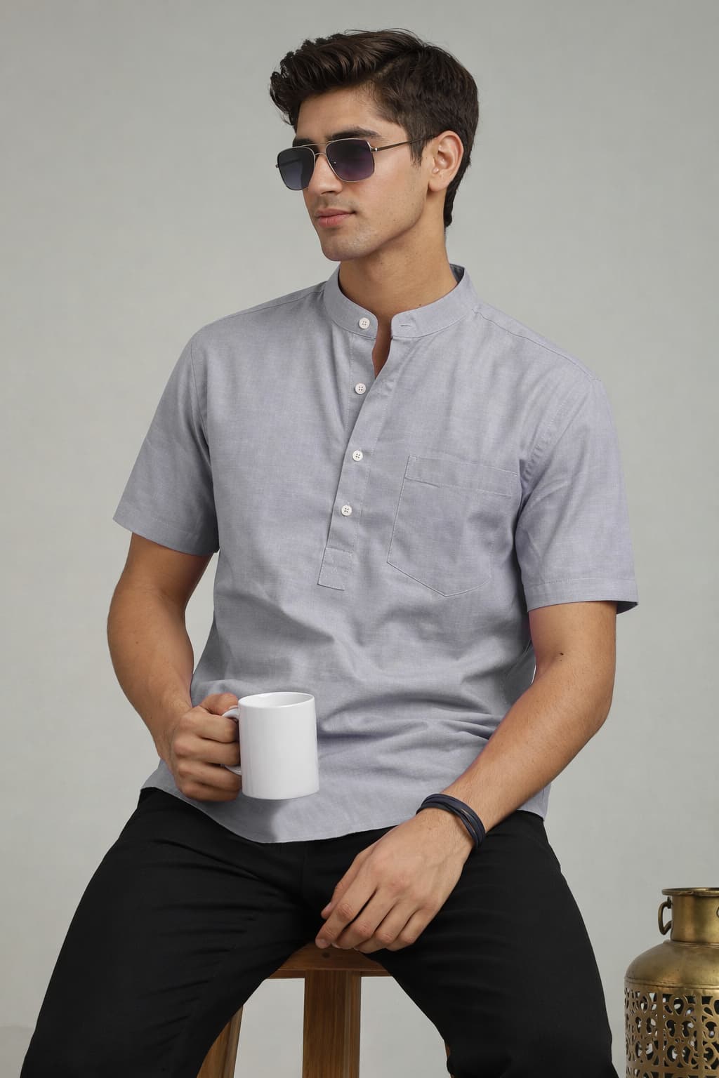 Light Grey Mandarin Collar Short Kurta
