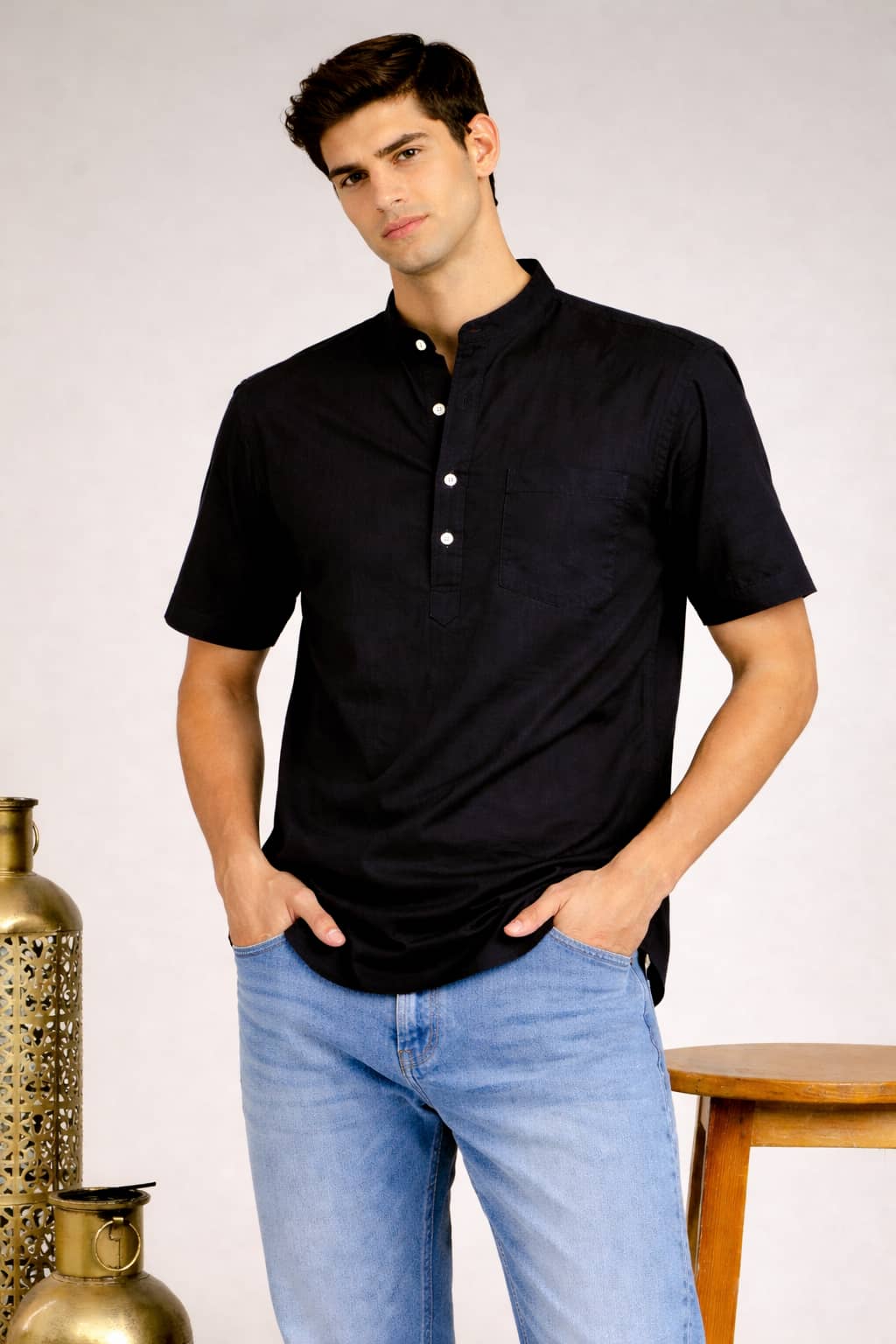 Black Mandarin Collar Short Kurta