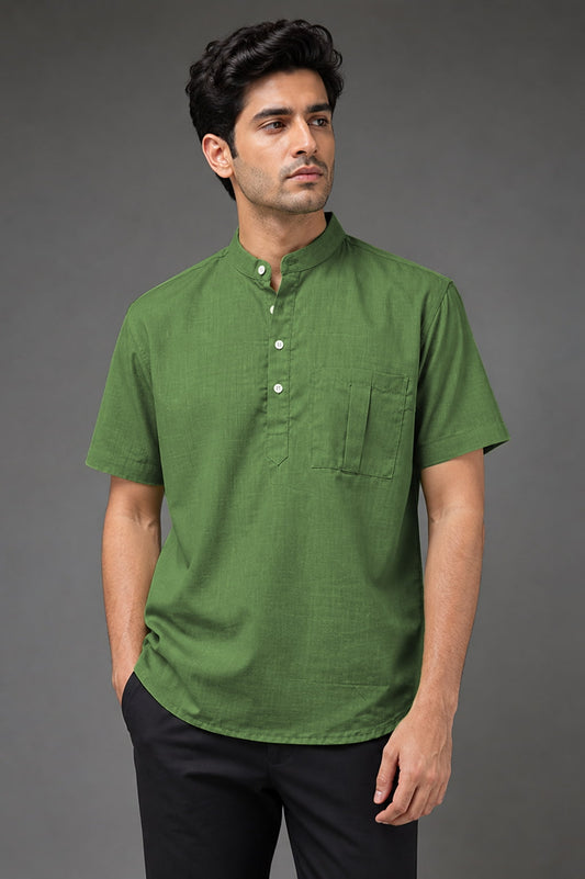 Olive Green Mandarin Collar Cotton Short Kurta Shirt with Pocket