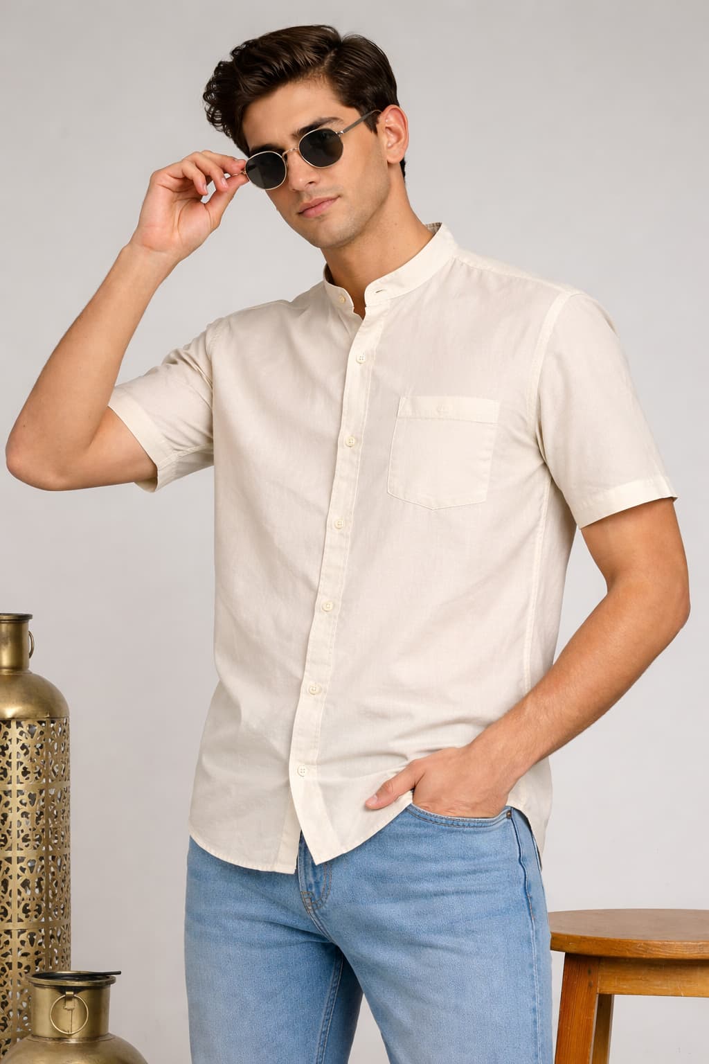 Men’s Cream Mandarin Collar Cotton Shirt