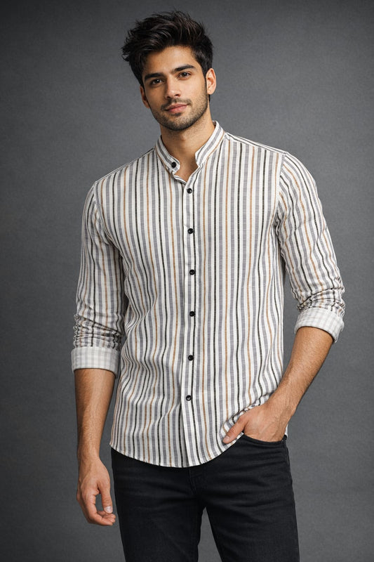 Men’s Off White Multi Stripe Mandarin Collar Cotton Shirt