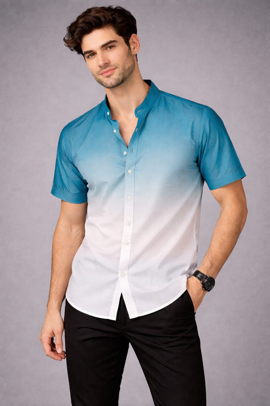 Teal Ombre Mandarin Collar Cotton Shirt