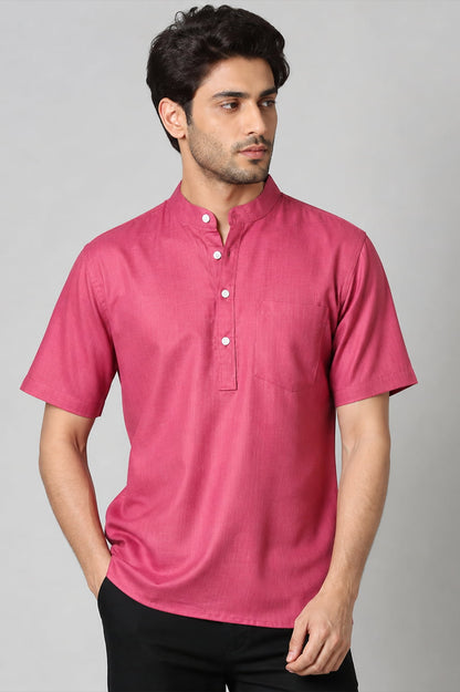 Men’s Rose Pink Mandarin Collar Cotton Short Kurta Shirt with Pocket