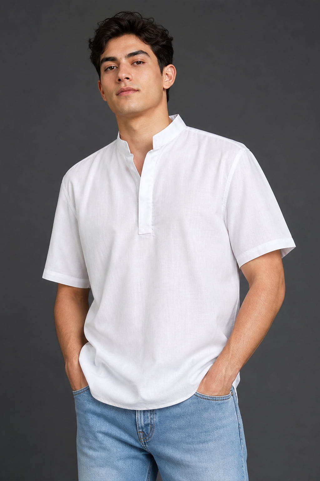 White Mandarin Collar Cotton Short Kurta Shirt