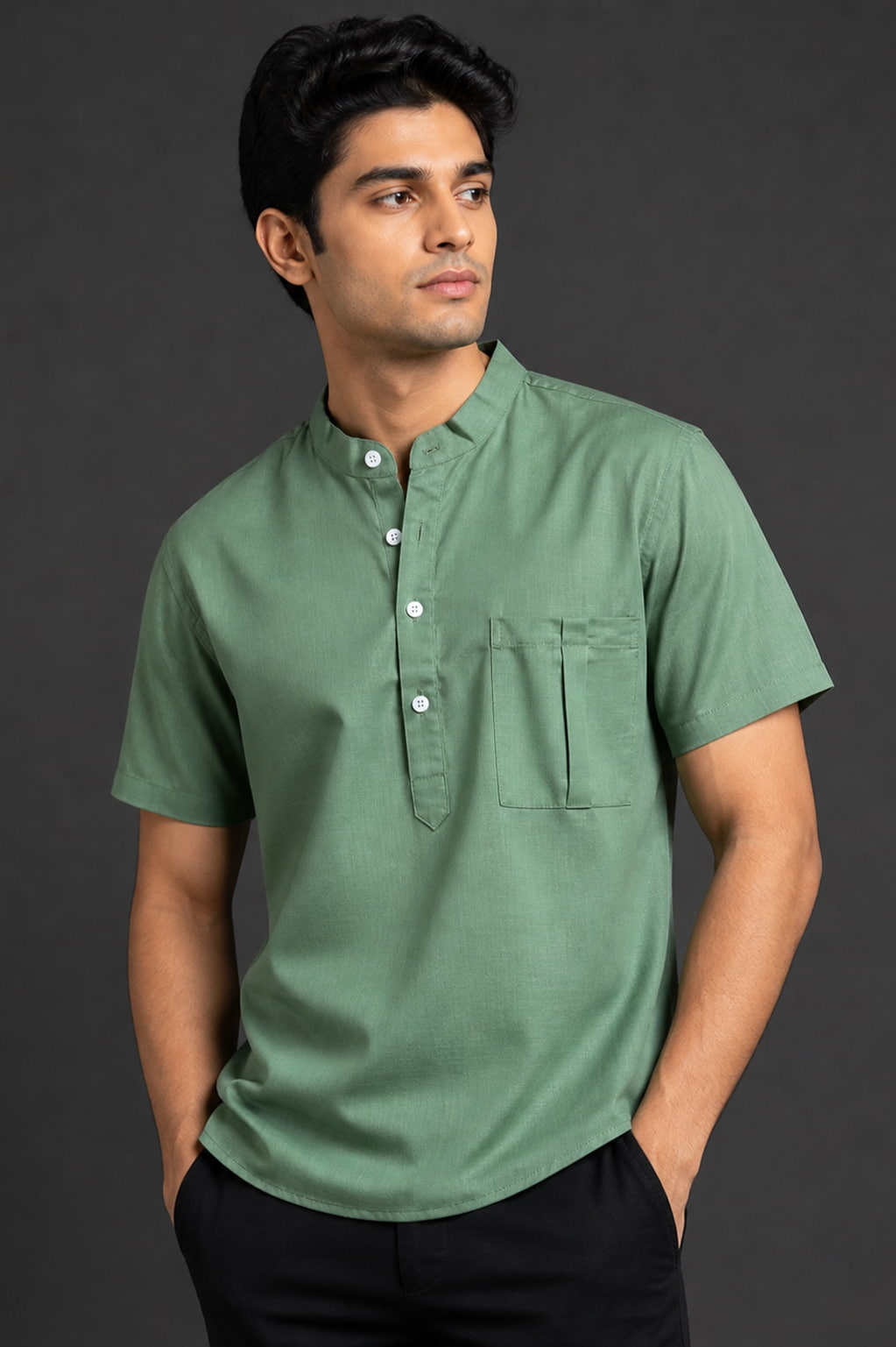 Sage Green Mandarin Collar Cotton Short Kurta Shirt with Pocket