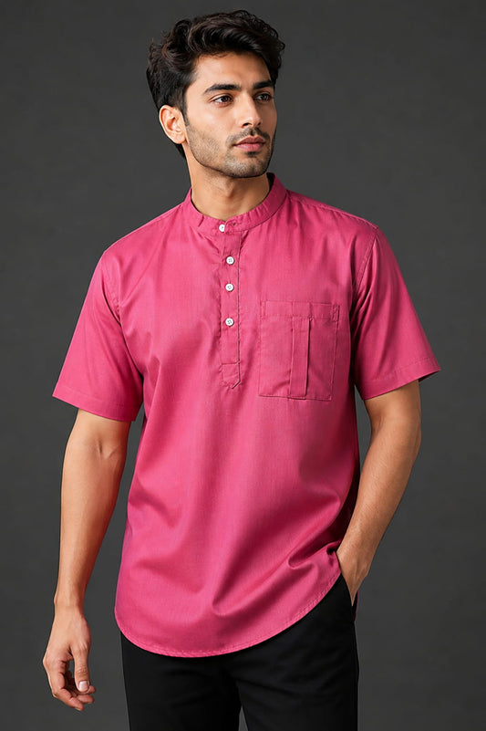 Rose Pink Mandarin Collar Cotton Short Kurta Shirt with Pocket