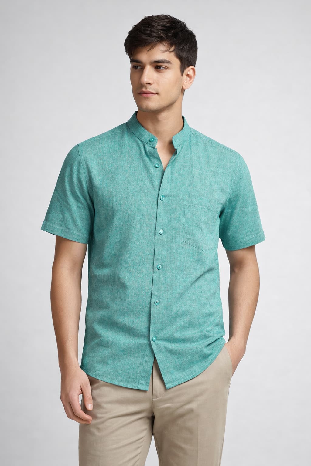 Men’s Sea Green Mandarin Collar Cotton Shirt