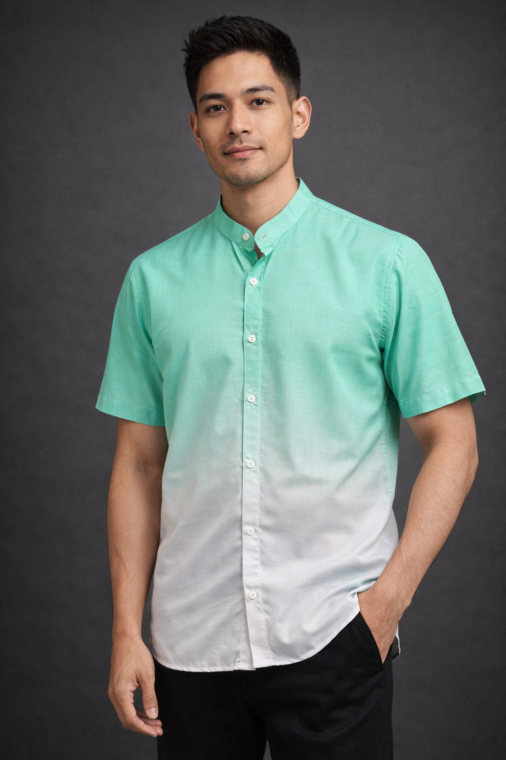 Green Ombre Mandarin Collar Cotton Shirt