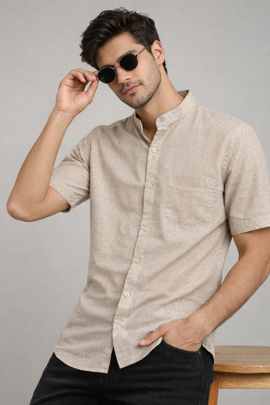 Men’s Beige Mandarin Collar Cotton Shirt