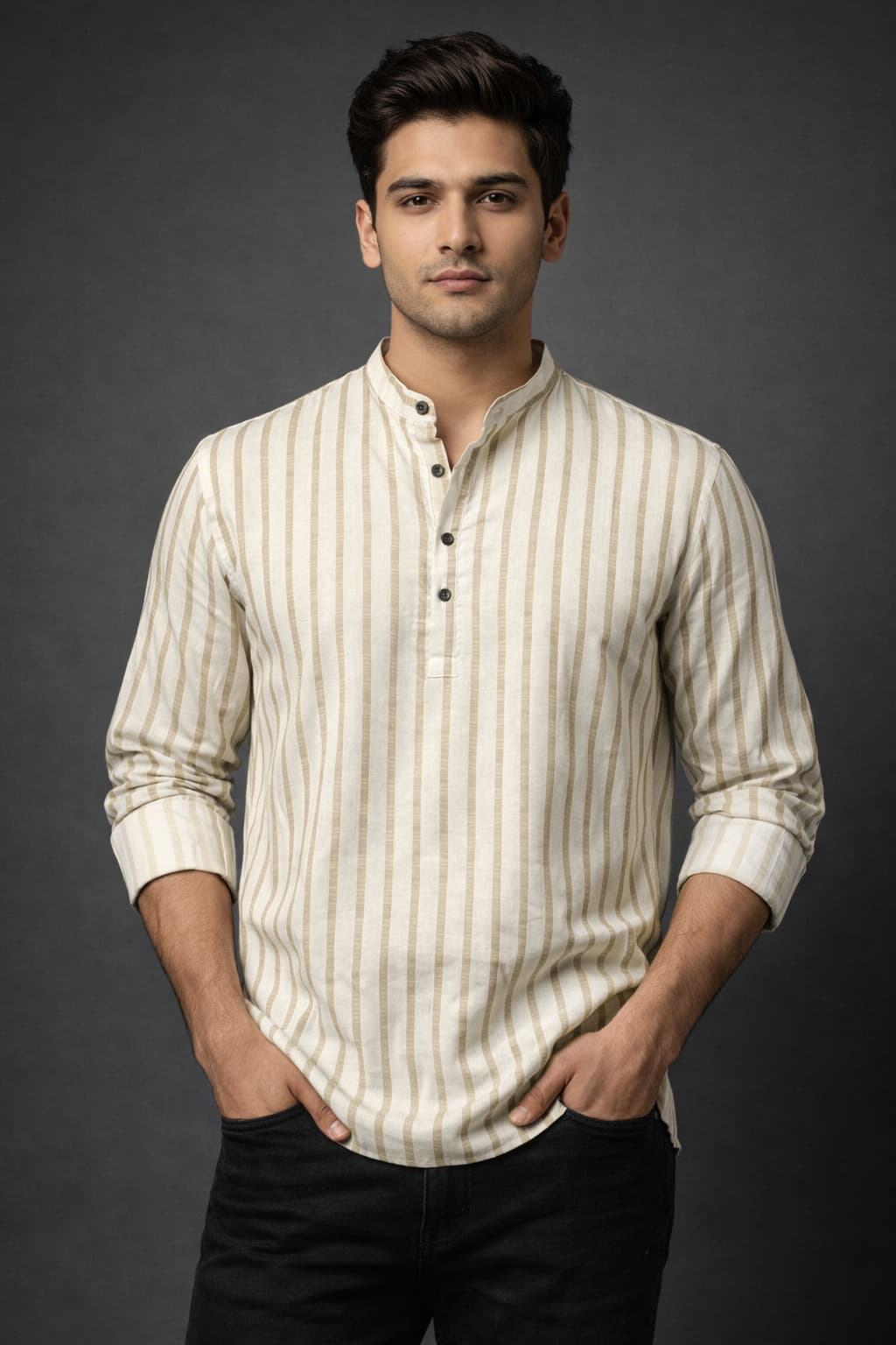 Beige Striped Mandarin Collar Short Kurta Shirt