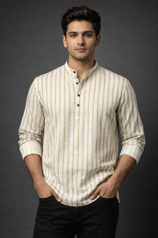 Beige Striped Mandarin Collar Short Kurta Shirt