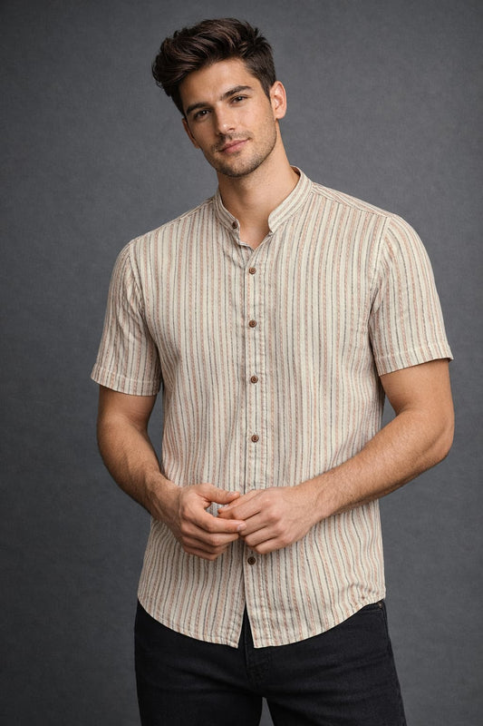 Beige Striped Mandarin Collar Shirt