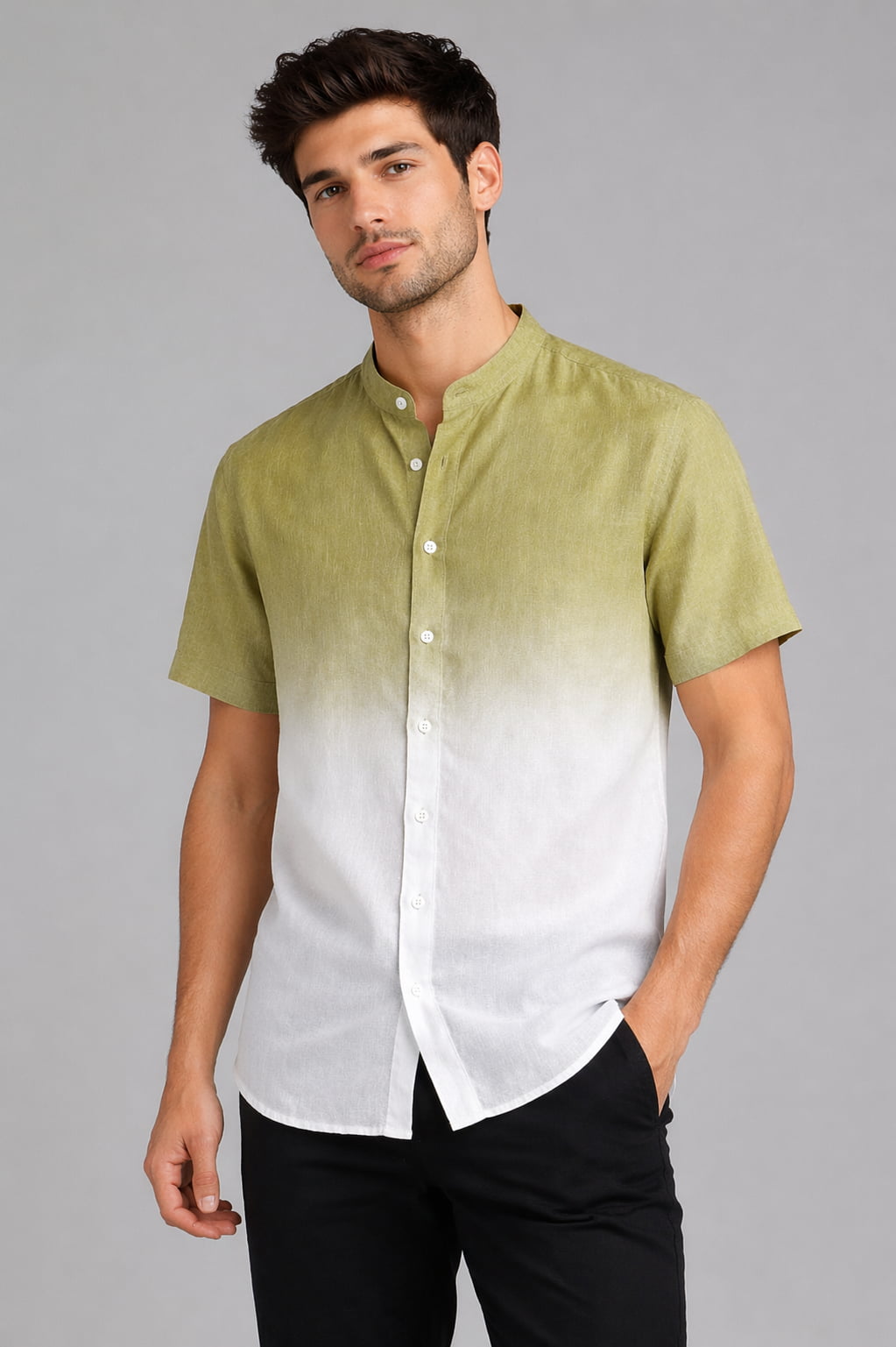 khakhi Ombre Mandarin Collar Cotton Shirt