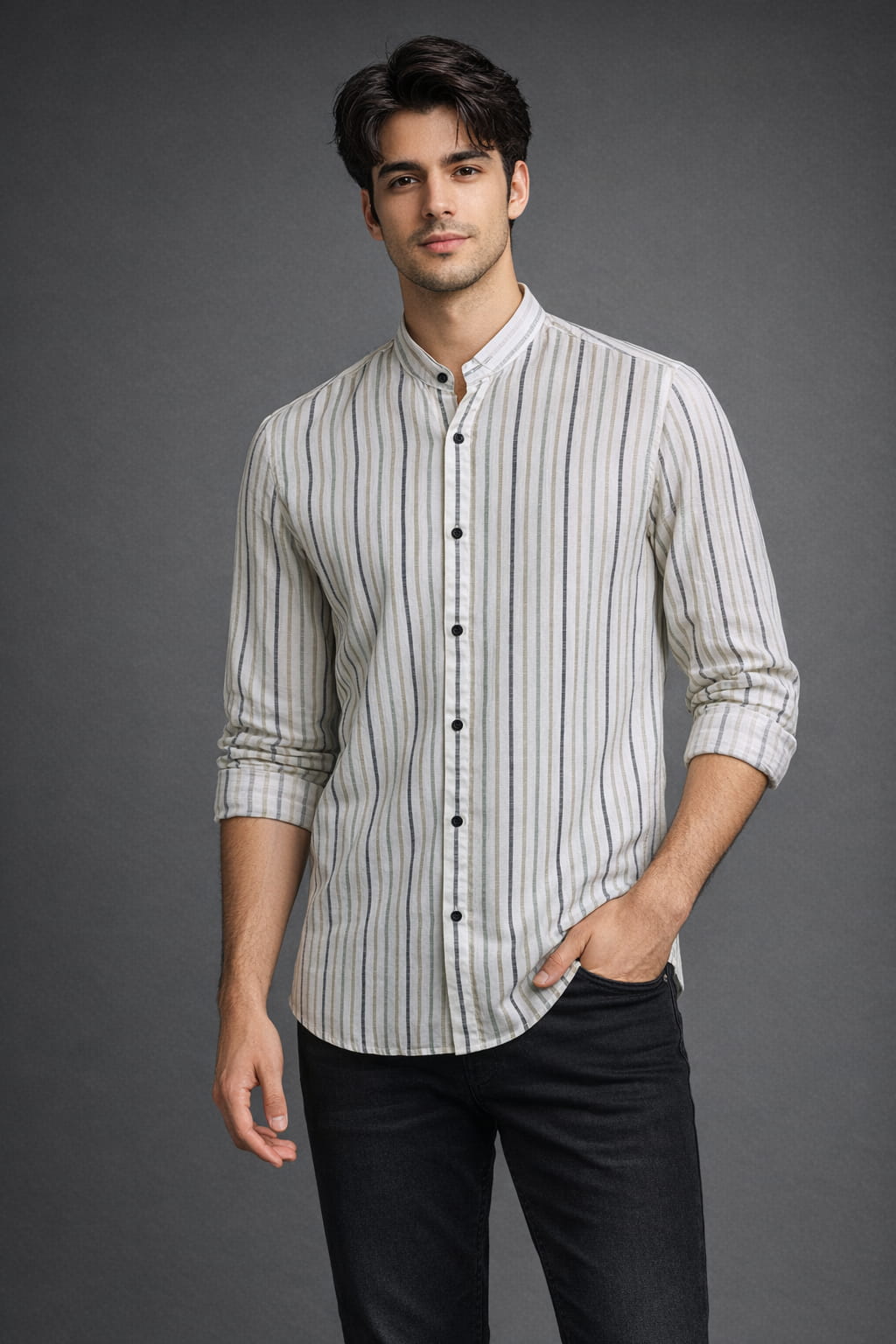 Men’s Olive Grey Striped Mandarin Collar Cotton Shirt