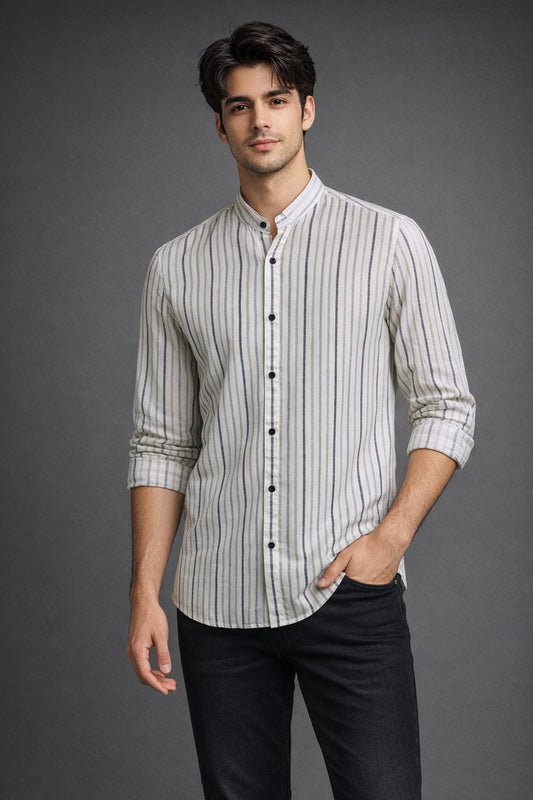Men’s Olive Grey Striped Mandarin Collar Cotton Shirt