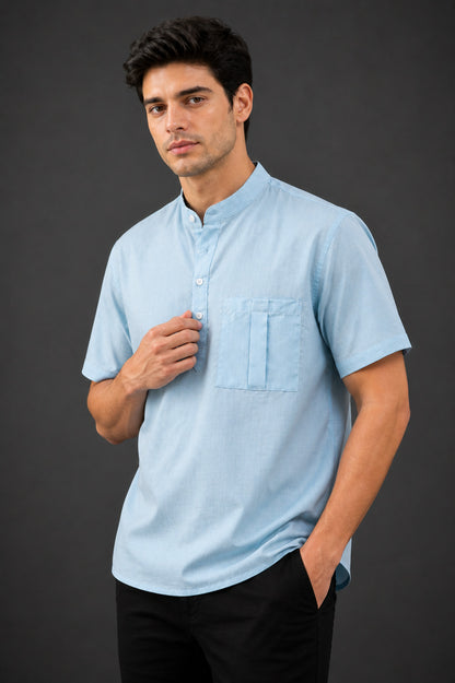 Sky Blue Mandarin Collar Cotton Short Kurta Shirt with Pocket