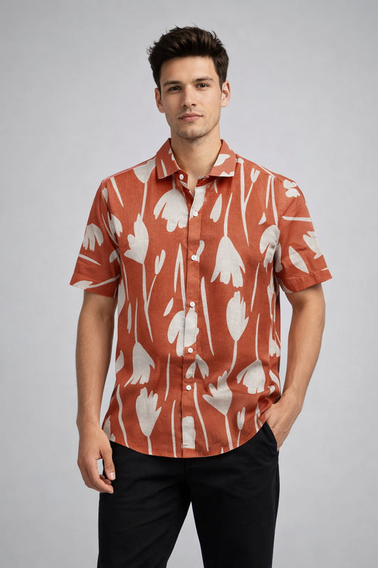 Rust Red Floral Print Shirt