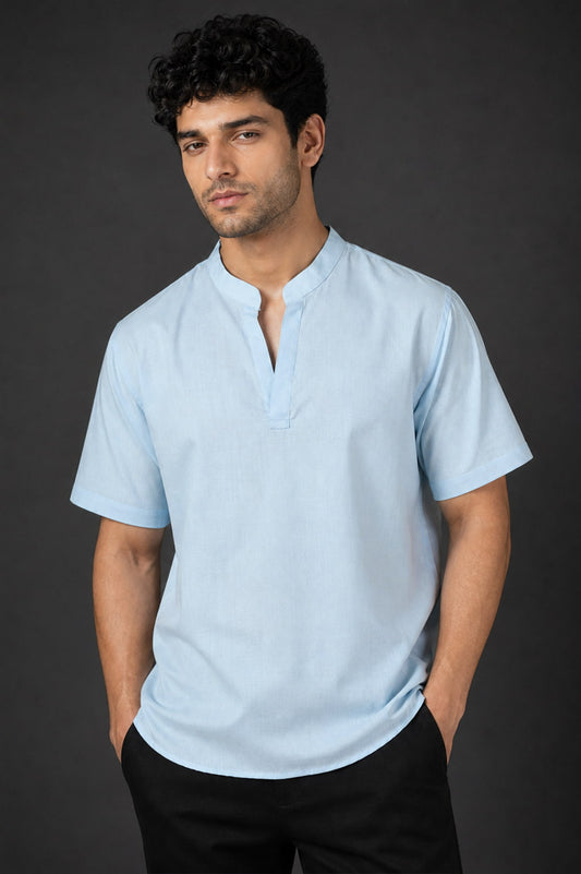 Sky Blue Mandarin Collar Cotton Short Kurta Shirt