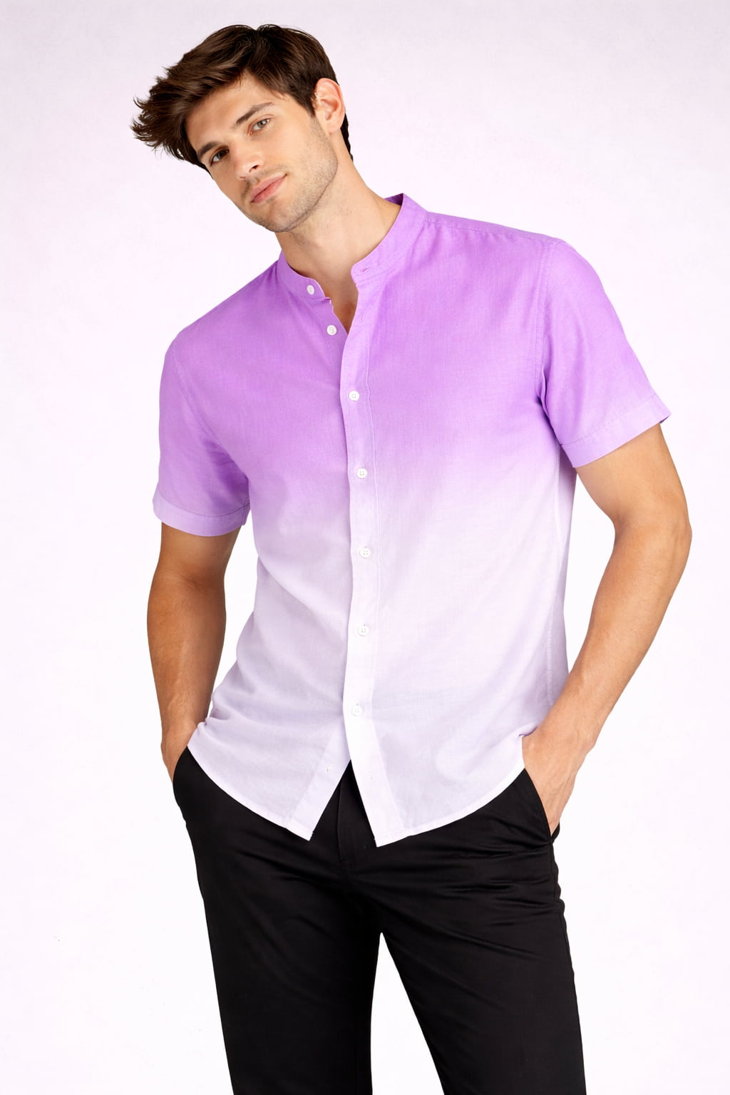 Purple Ombre Mandarin Collar Cotton Shirt