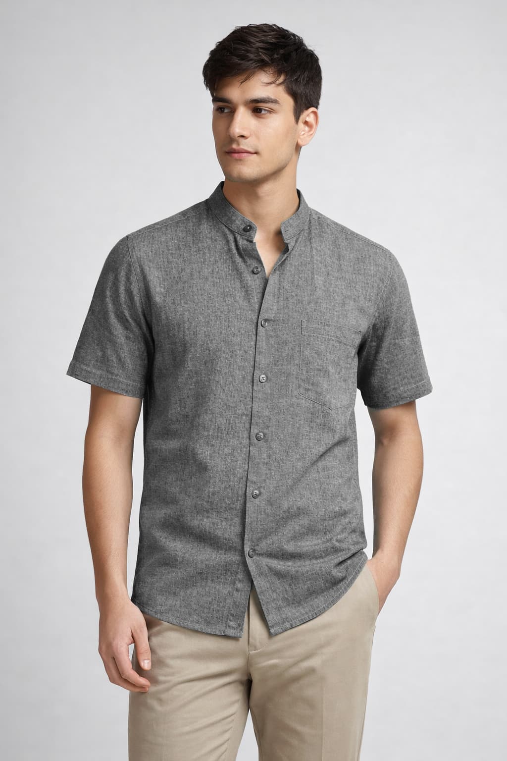 Men’s Grey Mandarin Collar Cotton Shirt