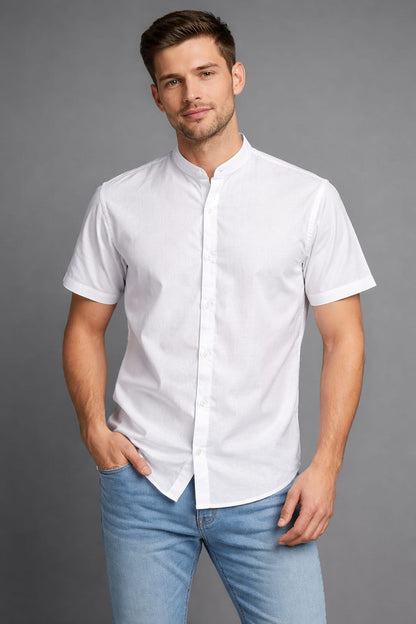 Men’s White Mandarin Collar Casual Shirt