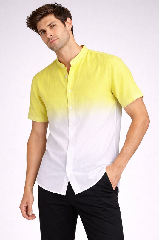 Yellow Ombre Mandarin Collar Cotton Shirt