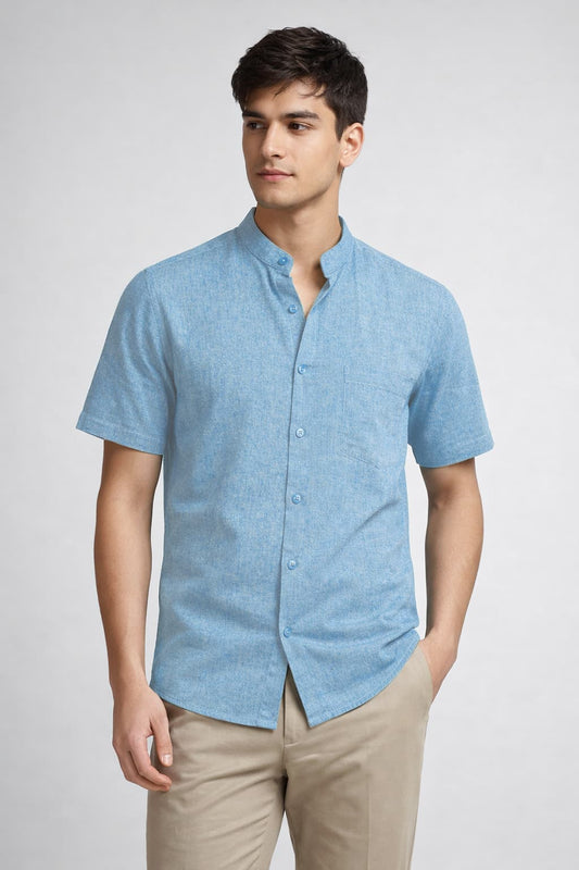 Men’s Blue Mandarin Collar Cotton Shirt