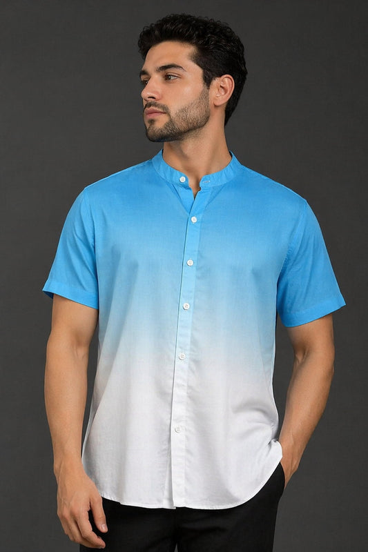 Blue Ombre Mandarin Collar Cotton Shirt