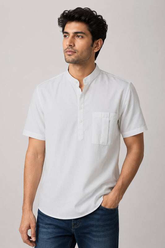 Classic White Mandarin Collar Cotton Short Kurta Shirt with Pocket