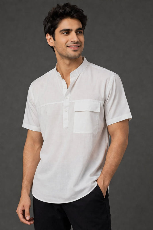 Men’s White Mandarin Collar Cotton Short Kurta Shirt with Pocket