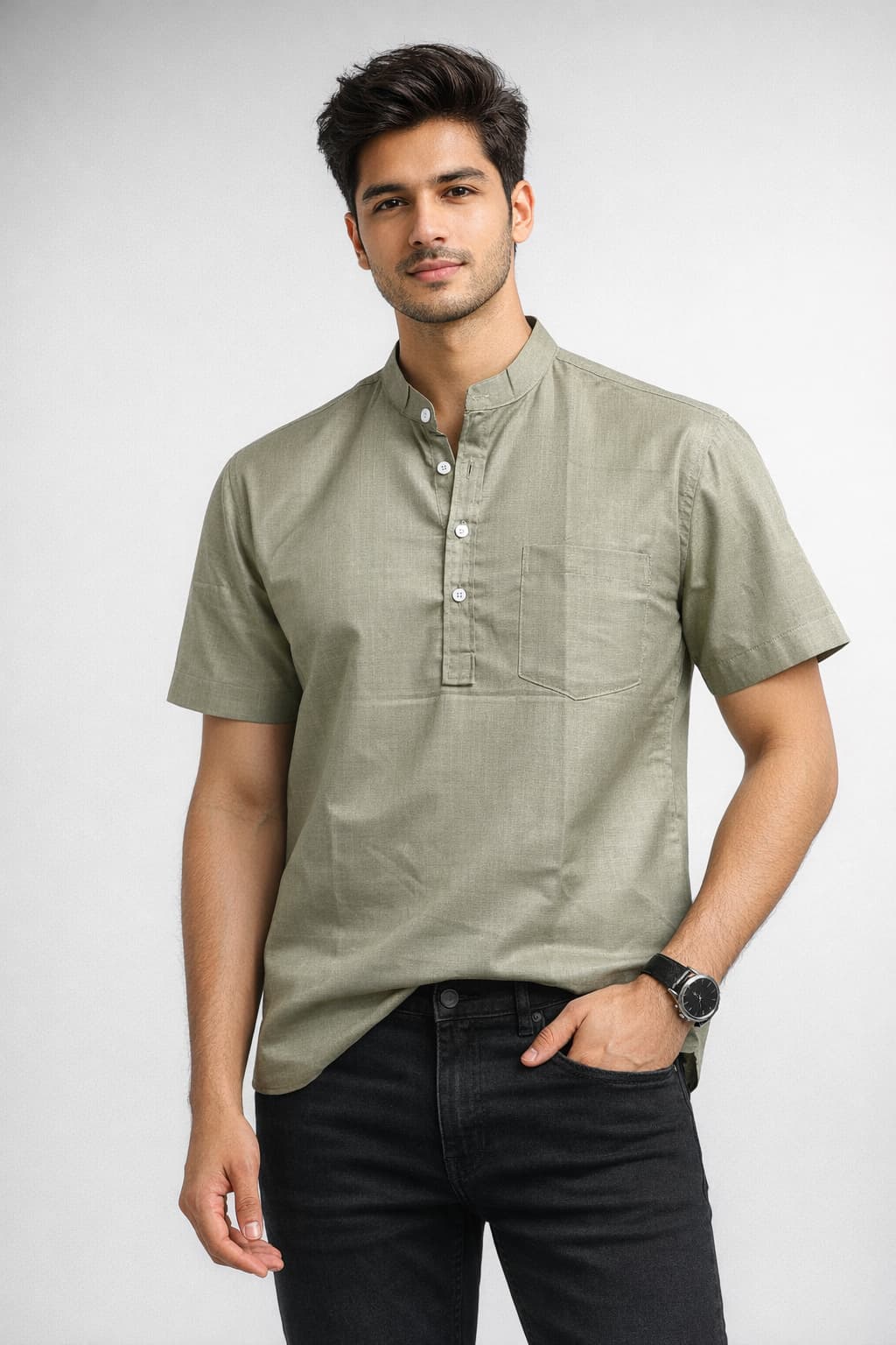 Olive Mandarin Collar Short Kurta