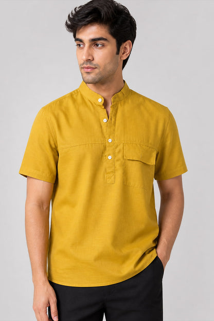 Mustard Yellow Mandarin Collar Cotton Short Kurta Shirt with Pocket