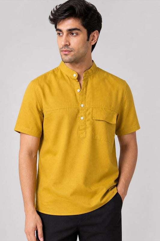 Mustard Yellow Mandarin Collar Cotton Short Kurta Shirt with Pocket