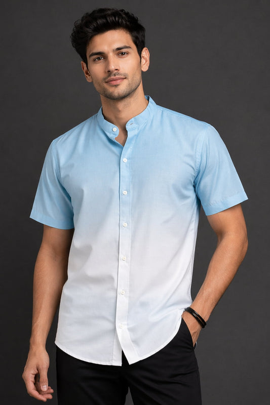 Sky Blue Ombre Mandarin Collar Cotton Shirt