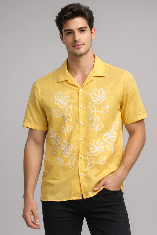 Yellow Floral Print Panel Shirt