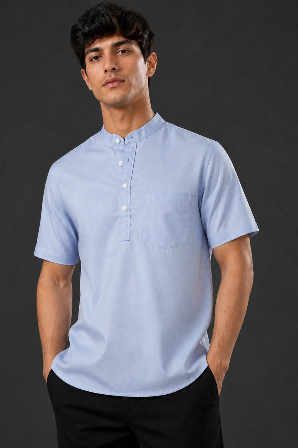 Ice Blue Mandarin Collar Cotton Short Kurta Shirt with Pocket