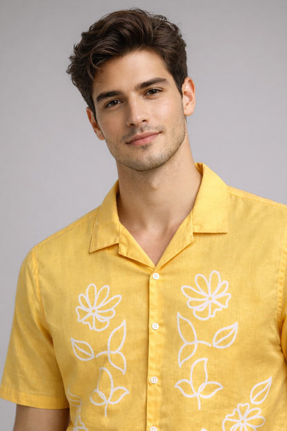 Yellow Floral Print Panel Shirt