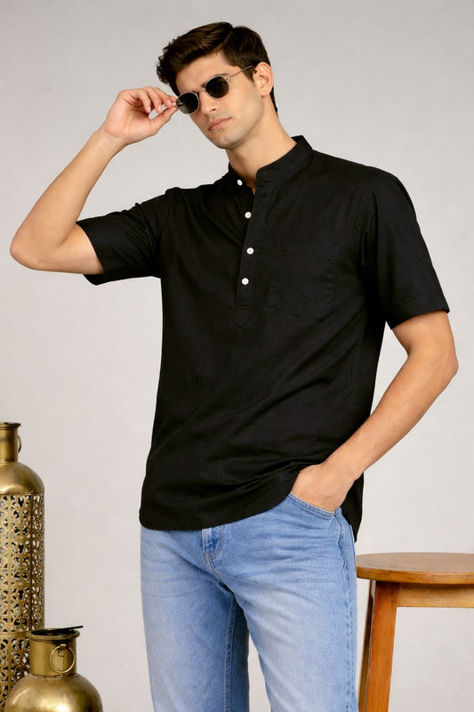 Black Mandarin Collar Short Kurta