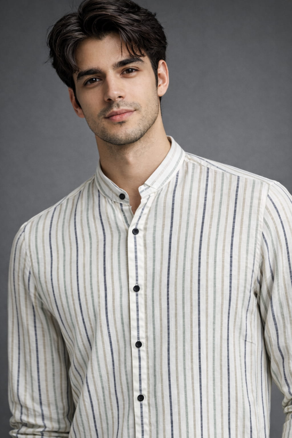 Men’s Olive Grey Striped Mandarin Collar Cotton Shirt