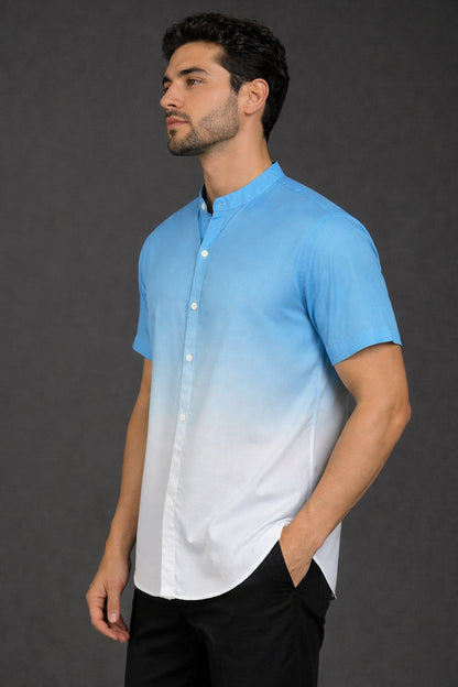 Blue Ombre Mandarin Collar Cotton Shirt