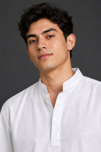 White Mandarin Collar Cotton Short Kurta Shirt