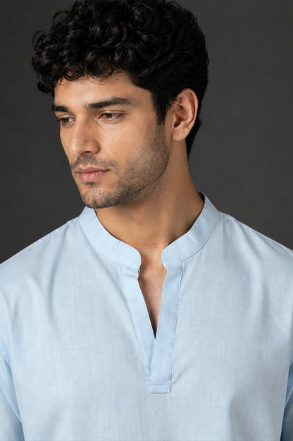 Sky Blue Mandarin Collar Cotton Short Kurta Shirt