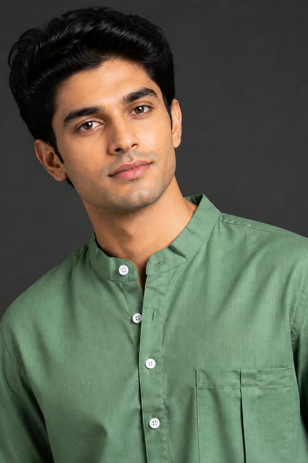 Sage Green Mandarin Collar Cotton Short Kurta Shirt with Pocket