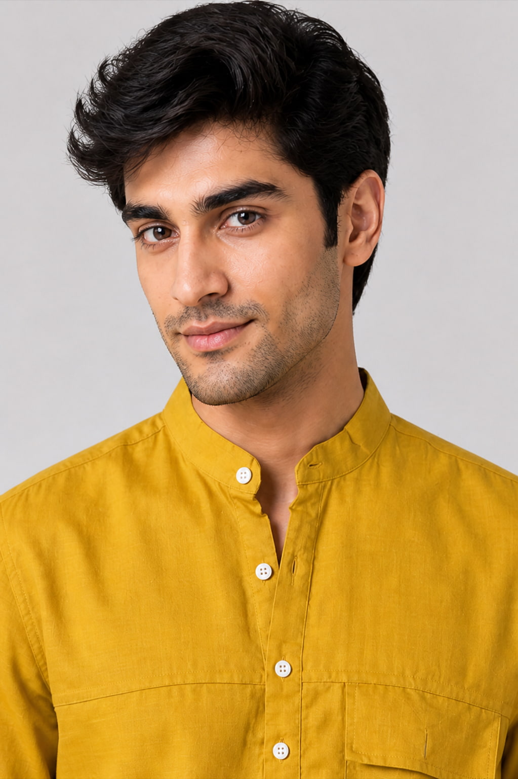 Mustard Yellow Mandarin Collar Cotton Short Kurta Shirt with Pocket