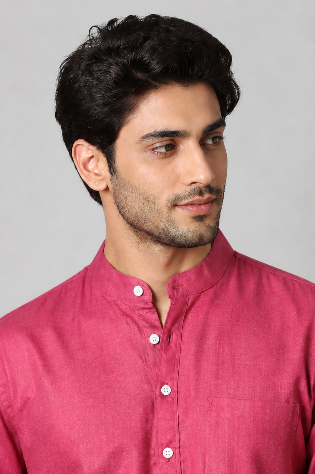 Men’s Rose Pink Mandarin Collar Cotton Short Kurta Shirt with Pocket