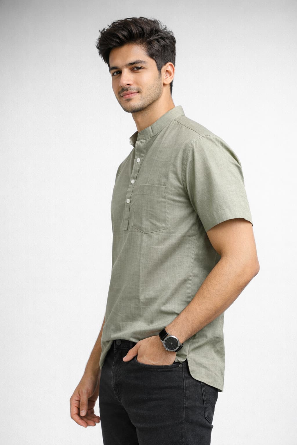 Olive Mandarin Collar Short Kurta