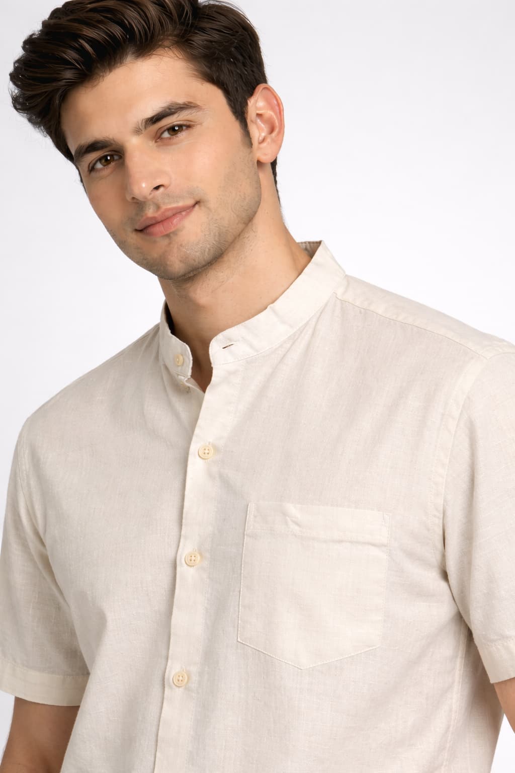 Men’s Cream Mandarin Collar Cotton Shirt