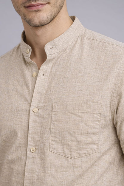 Men’s Beige Mandarin Collar Cotton Shirt